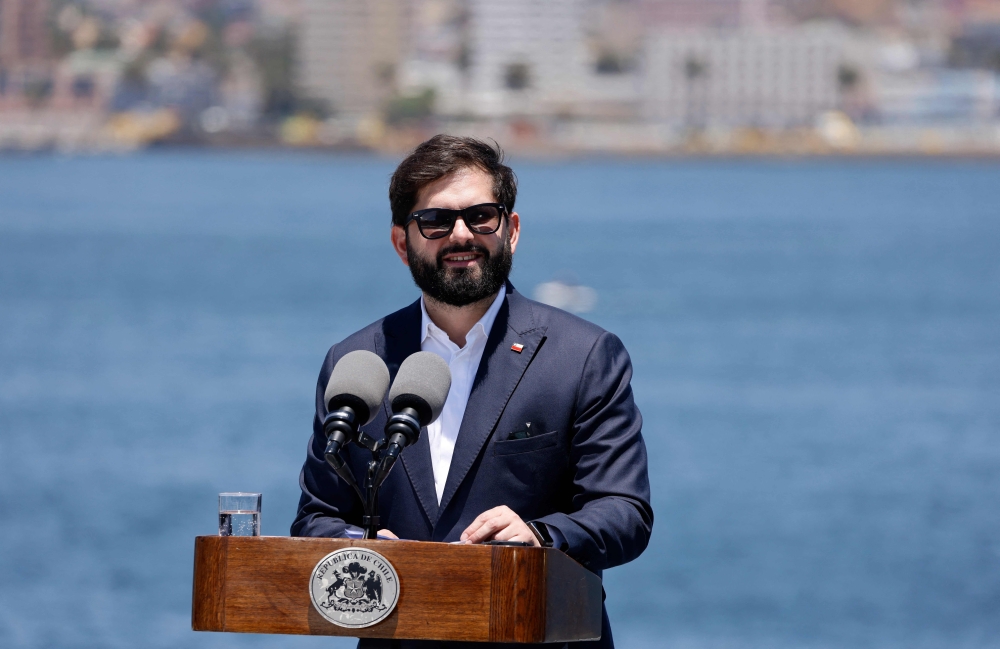 Chile's President Gabriel Boric speaks during a joint press conference with France's President Emmanuel Macron after touring the Chilean Navy Almirante viel Icebreaker at Muelle Molo de Abrigo, Valparaiso, Chile November 21, 2024. — AFP pic