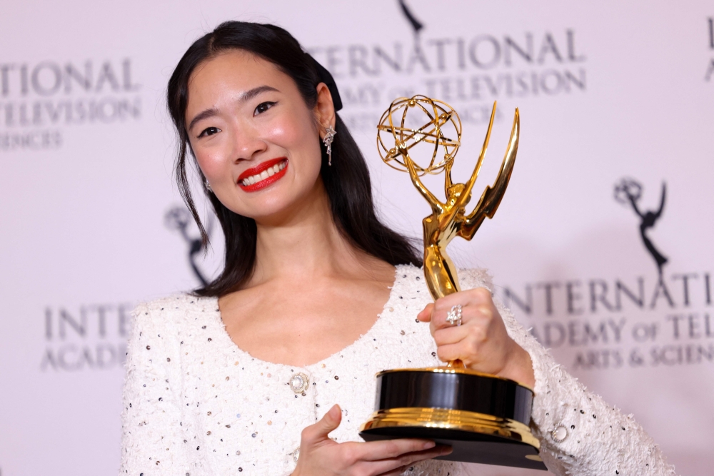 Thai actress Chutimon Chuengcharoensukying holds her award for Best Performance by an Actress for ‘Hunger’ in the press room of the 52nd International Emmy Awards in New York November 25, 2024. — AFP pic