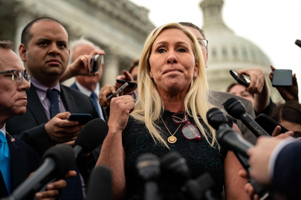 Congresswoman Marjorie Taylor Greene speaks to the press at the US Capitol on May 8, 2024 in Washington, DC. — Reuters pic