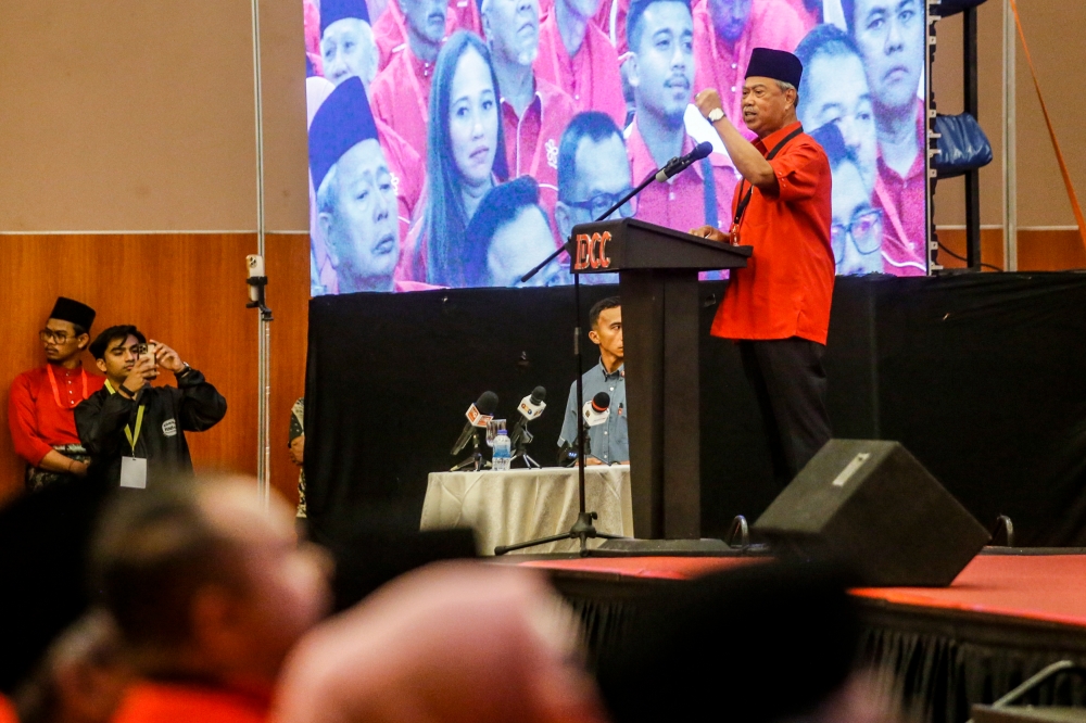 Bersatu president Tan Sri Muhyiddin Yassin speaks during the party’s special assembly at the Ideal Convention Centre in Selayang, Selangor on March 2, 2024. — File picture by Hari Anggara.