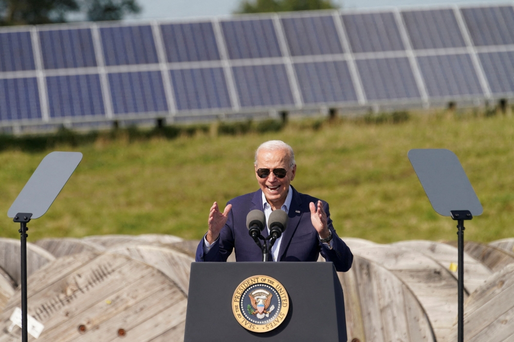 Solar panels at the background as U.S. President Joe Biden speaks during a visit to Vernon Electric Cooperative in Westby, Wisconsin, U.S., September 5, 2024. — File pic via Reuters 