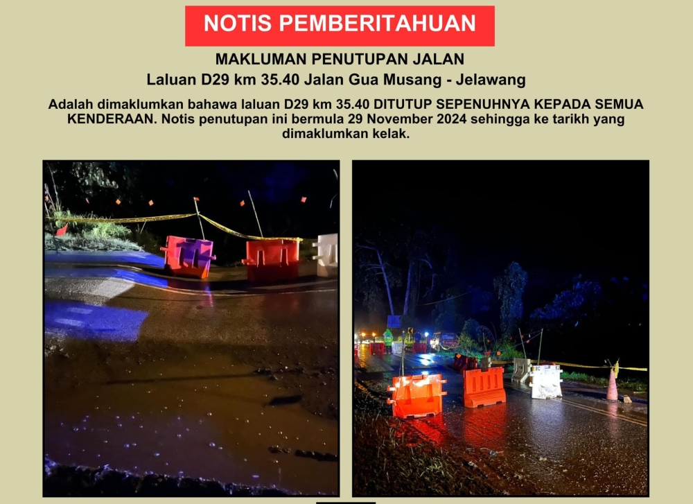 Motorists are advised to take an alternative route via Jalan Jelawang-Sungai Sam to reach Gua Musang. — Picture via Facebook