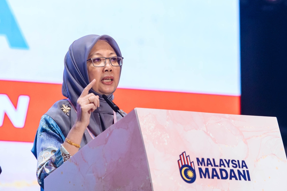 A file photograph shows Dr Zaliha Mustafa speaking during the PKR Women’s National Congress in Putrajaya on November 25, 2023. — Picture Firdaus Latif