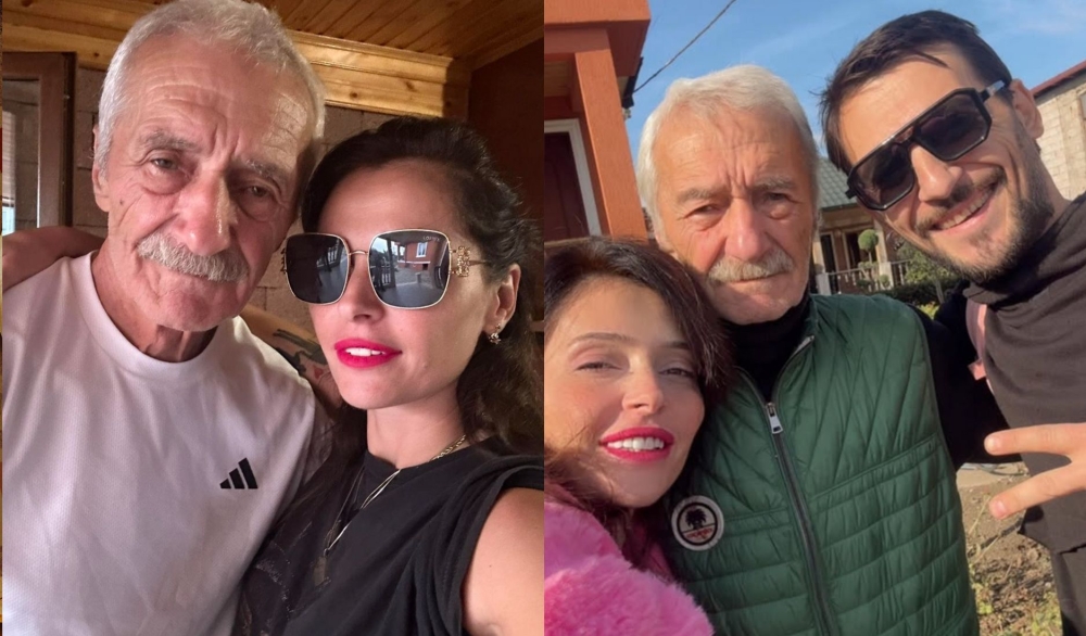 Tamuna Museridze and her partner pose for pictures with her biological father Gurgen Khorava in a composite of photos taken from her Instagram account.