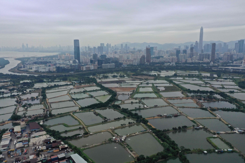 This photo taken on November 10, 2024 shows an aerial view of fish ponds, rivers and marshes in San Tin in northern Hong Kong, on the border with the Chinese city of Shenzhen (back). — AFP pic