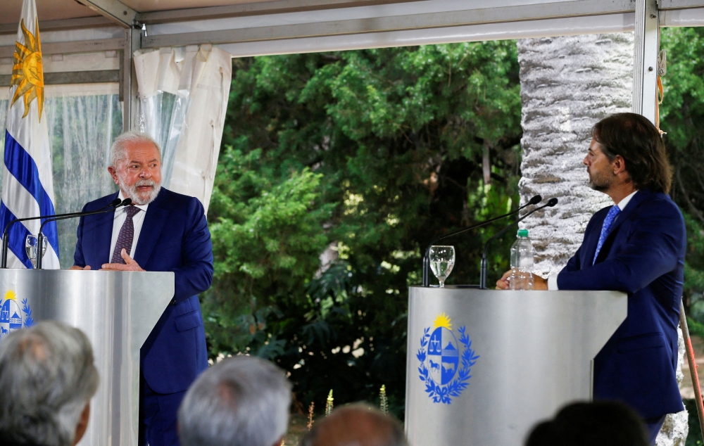 Uruguay’s President Luis Lacalle Pou and Brazil’s President Luiz Inacio Lula da Silva attend a news conference, in Montevideo, Uruguay, January 25, 2023. — Reuters pic  
