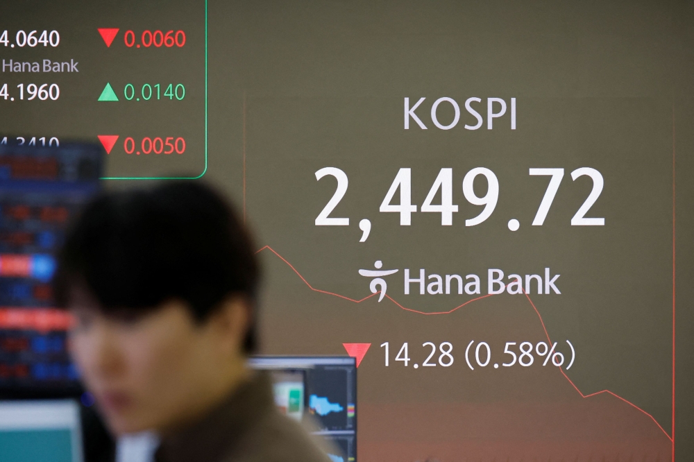 A currency dealer works in front of an electronic board showing the Korean Composite Stock Price Index (KOSPI) in the dealing room of a bank in Seoul, South Korea, December 5, 2024. — Reuters pic  