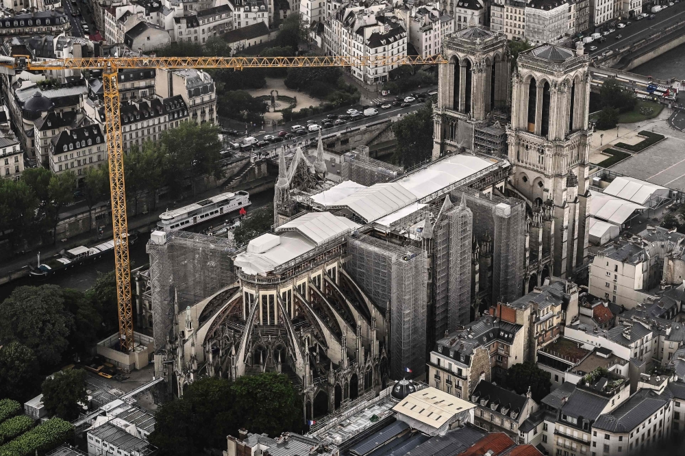 An aerial picture taken on July 12, 2021 shows a view of the Notre-Dame de Paris Cathedral on the 