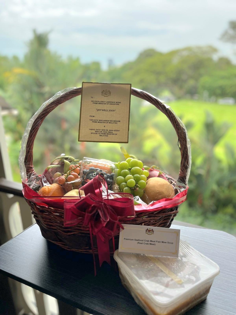 The care package Singapore Prime Minister Lawrence Wong received from his Malaysian  counterpart, Datuk Seri Anwar Ibrahim. — Picture from Twitter/ @LawrenceWongST