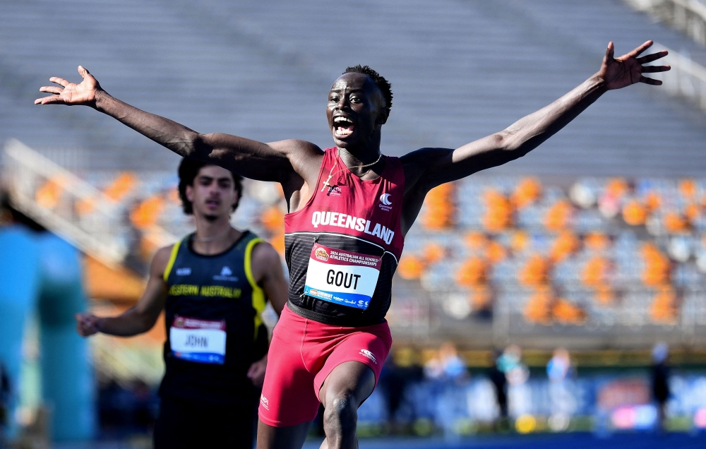 Australian sprint prodigy Gout Gout clocked the fastest time ever by a 16-year-old to smash the national 200m record on Saturday and do something even Usain Bolt never achieved. — Reuters pic/Jono Searle/AAP Image