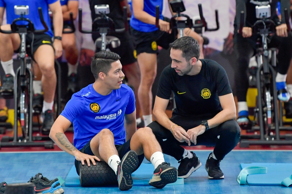 Pau Marti Vicente (right) in Harimau Malaya training ahead of Asean Championship, Dec 5, 2024. — Bernama pic
