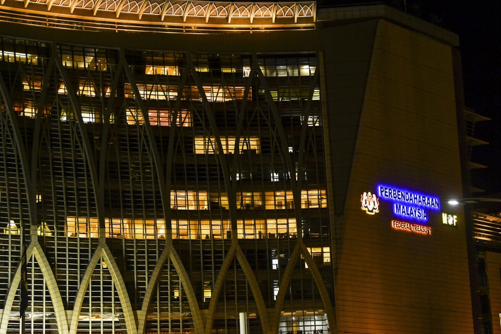 The exterior of the Treasury building in Putrajaya, lit up at night. — Bernama pic