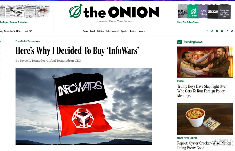 A screenshot of the headline news at ‘The Onion’ in this file picture dated November 15, 2024. A US bankruptcy judge on Tuesday stopped the parody news site from buying conspiracy theorist Alex Jones’ Infowars website, ruling that a bankruptcy auction did not result in the best possible bids.