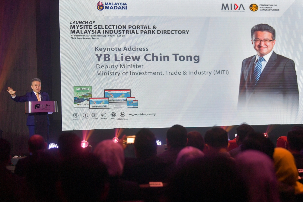Deputy Minister of Investment, Trade and Industry (Miti) Liew Chin Tong speaks during the launch of MYSite Selection Portal & Malaysia Industrial Park Directory at a hotel in Kuala Luumpur December 11, 2024. — Bernama pic