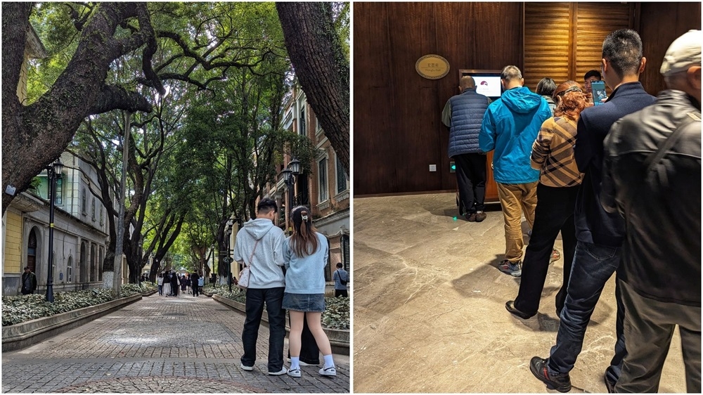 The main boulevard leading into Shamian island (left) and the queue leading into Hongtu Hall at 7.30am (right). — Picture by by Ethan Lau