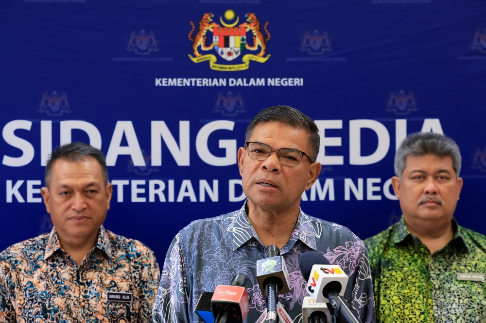 Home Minister Datuk Seri Saifuddin Nasution Ismail speaks to the press after attending the December 2024 Monthly Assembly of the Ministry of Home Affairs (KDN) at Kompleks Setia Perkasa today. — Bernama pic