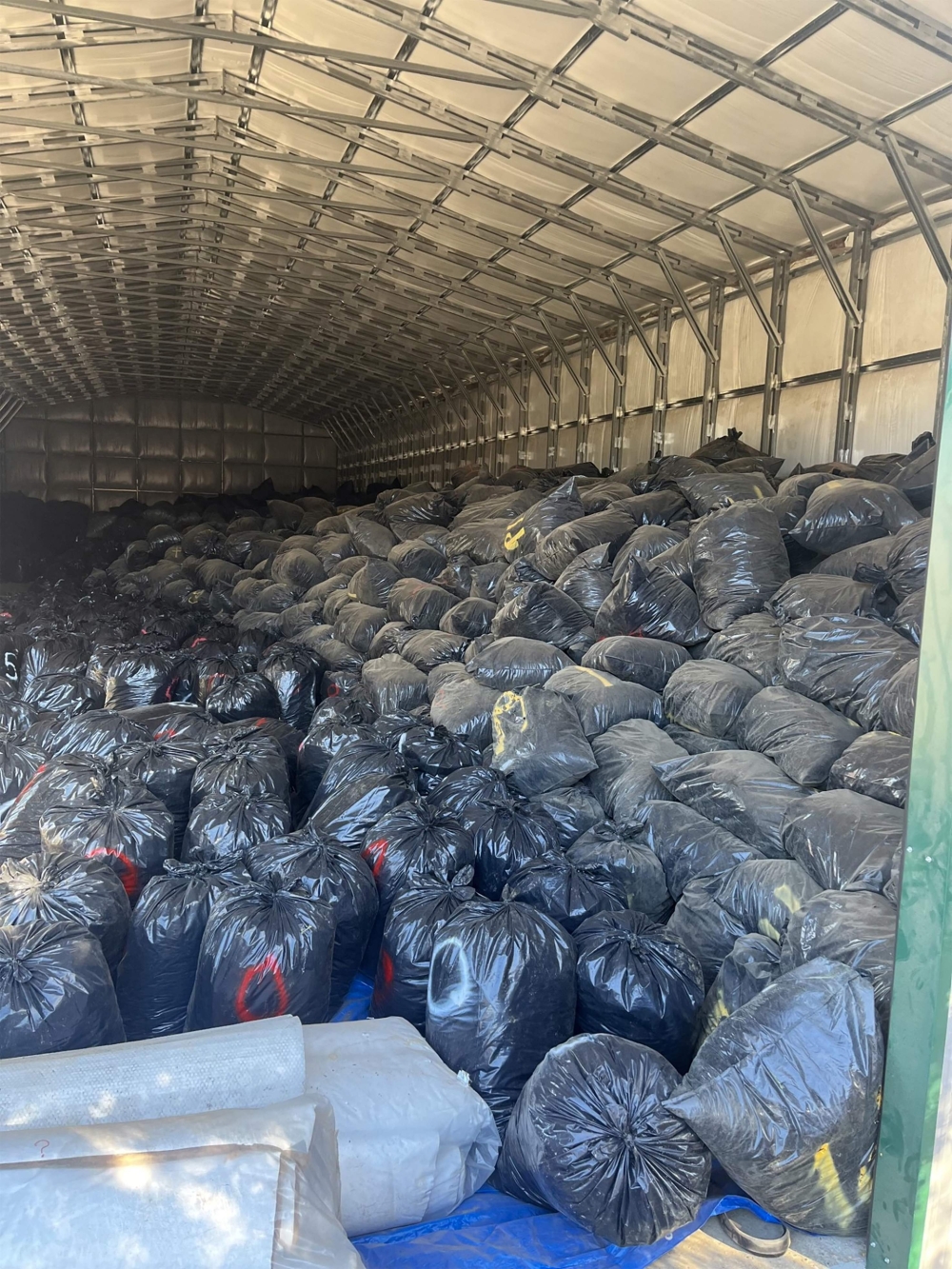 This handout image courtesy of San Bernardino County Sheriff’s Department shows trash bags containing over 90,000 pounds (41,000kg) of Marijuana Valued at US$100,000,000 recovered during a search warrant by San Bernardino County Sheriff’s Department Marijuana Enforcement Team on December 9, 2024 in Oak Hills, California. — San Bernardino County Sheriff’s Department handout pic via AFP