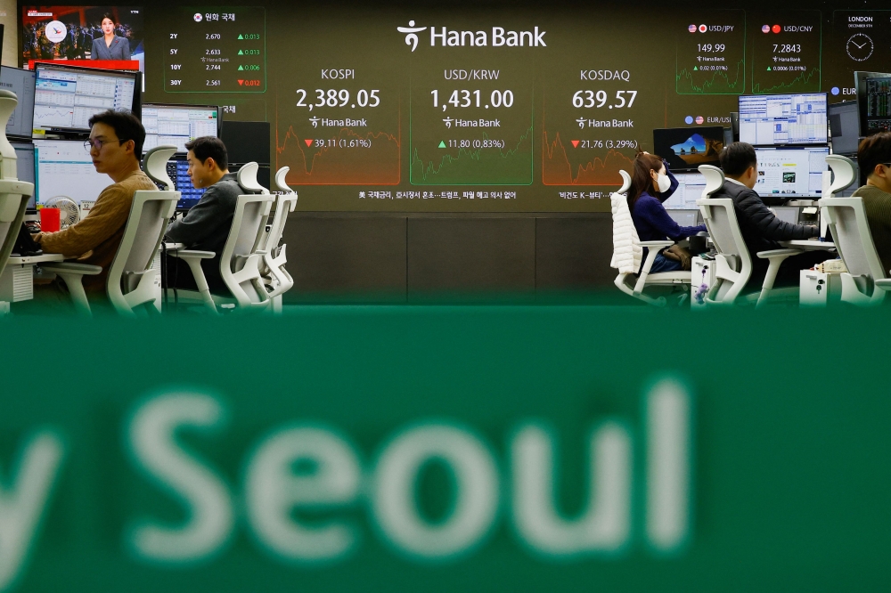 Currency dealers work in front of electronic boards showing the Korean Composite Stock Price Index (Kospi) and the exchange rate between the US dollar and South Korean won at a dealing room of a bank, in Seoul December 9, 2024. — Reuters pic  