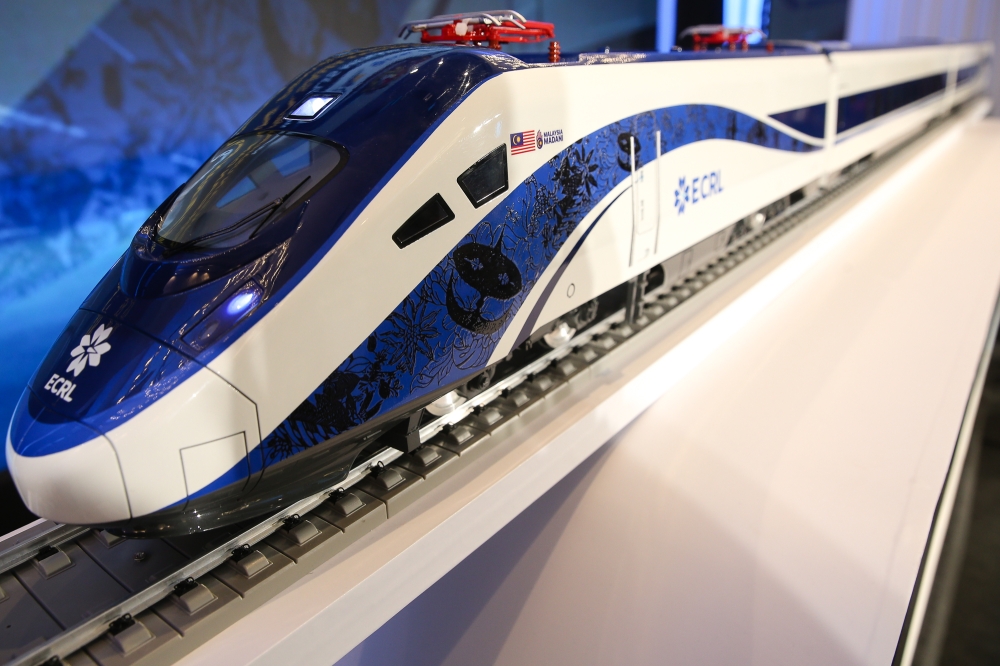 A miniature model of the EMU train bearing the ECRL logo on display at the Zenith Hotel in Putrajaya during the signing of a joint-venture agreement between Malaysia Rail Link and China Communications Construction ECRL on December 18, 2024. — Picture by Yusof Mat Isa