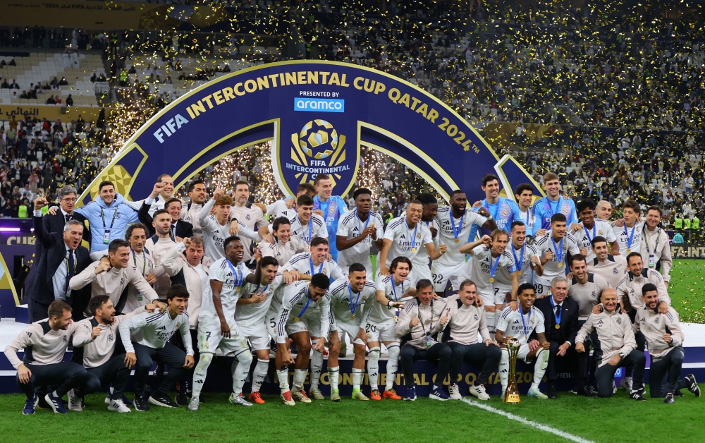 Real Madrid players celebrate during the trophy lift after winning the Intercontinental Cup. — Reuters