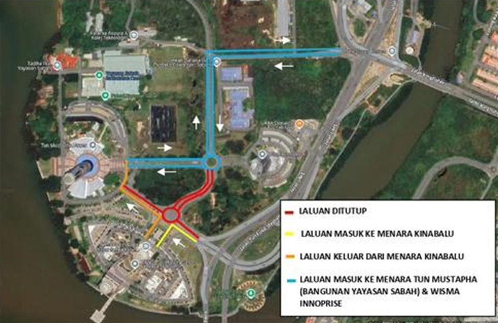 The notice also attached a map, showing the exit and entrance to Menara Kinabalu, that will be controlled by the Royal Malaysia Police (PDRM), while the exit and entrance to Menara Tun Mustapha and Wisma Innoprise to use alternative routes. — Picture courtesy of Sabah Public Works Department 