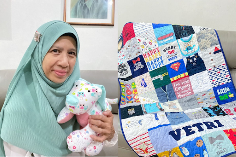 Zarina binti Zainal Abidin transforms outgrown baby clothes etc into beautiful quilts and plushies.