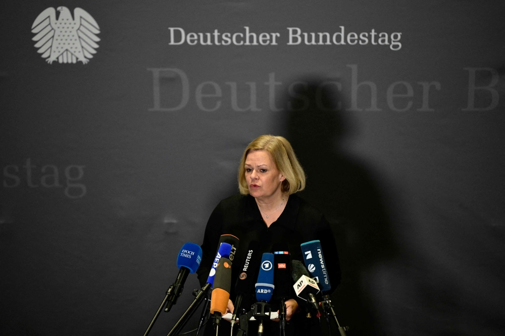 German Interior Minister Nancy Faeser gives a press statement following a hearing of a parliamentary committee focusing on the Magdeburg Christmas Market attack. — AFP