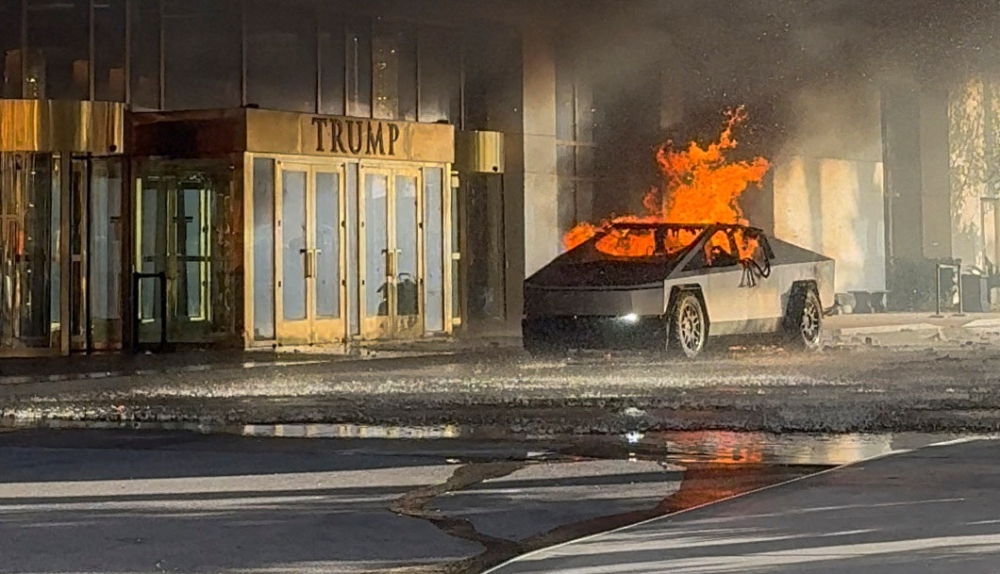 Flames rise from a Tesla Cybertruck after it exploded outside the Trump International Hotel Las Vegas, in Las Vegas, Nevada, January 1, 2025 in this screengrab taken from a social media video. — Alcides Antunes handout pic via Reuters 
