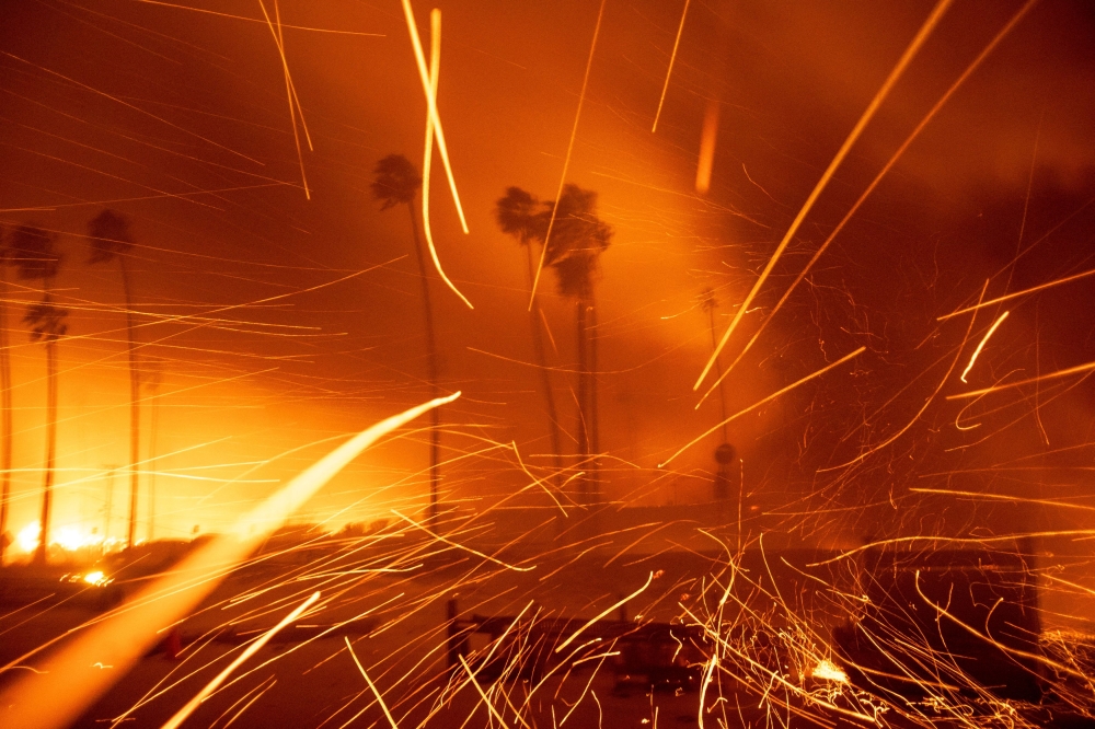 The wind whips embers as the Palisades Fire burns during a windstorm on the west side of Los Angeles, California, US January 7, 2025. — Reuters pic