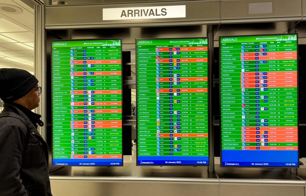 A flight information display shows cancelled flights at Washington Dulles International airport, Virginia on January 6, 2025. — AFP pic