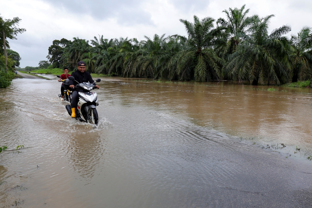 The Sedili River has overflowed its banks around Kampung Gembut in Tanjung Sedili, Kota Tinggi, following continuous rainfall on Friday. — Bernama pic