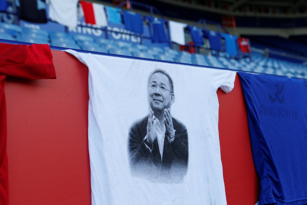 A shirt displayed in the stadium in memory of the club’s late owner Thai businessman Vichai Srivaddhanaprabha  at the King Power Stadium in Leicester, November 2018. — Reuters