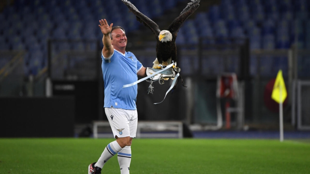 Juan Bernabe was the handler of Lazio’s eagle mascot Olimpia before being sacked yesterday. — AFP