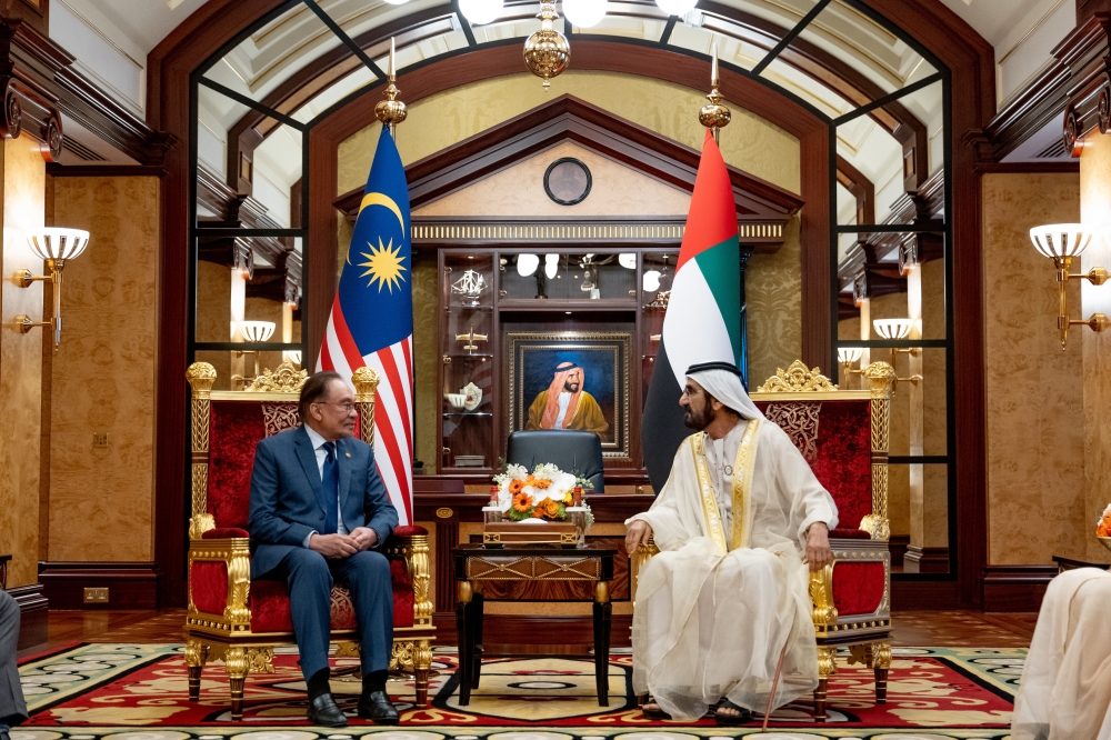 Prime Minister Datuk Seri Anwar Ibrahim pays a courtesy call on the Vice President of the United Arab Emirates (UAE), who is also the Prime Minister and Ruler of Dubai Sheikh Mohammed Rashid Al Maktoum, at the Za’abeel Palace, Dubai, January 13, 2024. — Bernama pic 