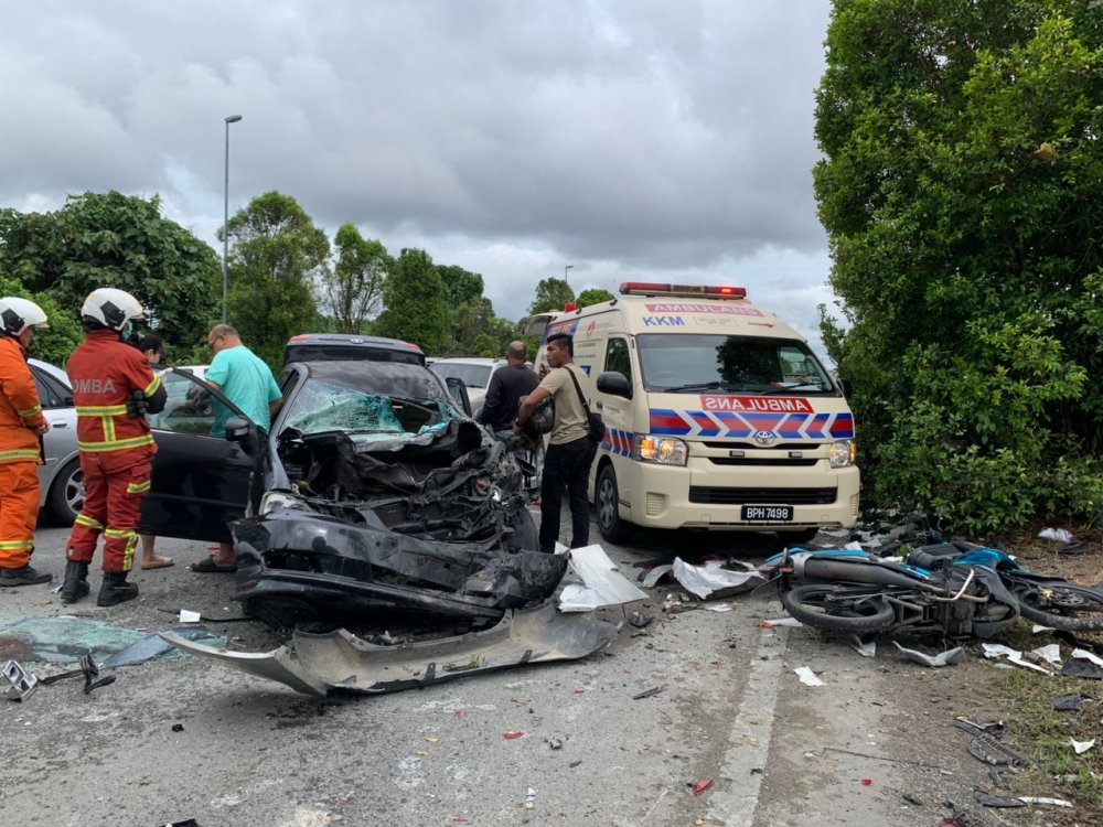 Police believe the crash occurred when the unlicensed teen driver lost control of his car and veered into the opposite lane, colliding with two motorcycles and two other cars on January 14, 2025. — Picture courtesy of the Fire and Rescue Department