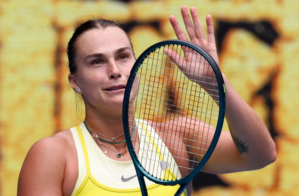 Belarus’ Aryna Sabalenka celebrates winning her second-round match against Spain’s Jessica Bouzas Maneiro at the Australian Open at Melbourne Park, Melbourne January 15, 2025. — Reuters pic