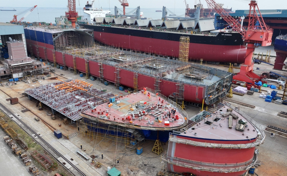 Ships under construction in a yard of a shipbuilding company in Taicang January 16, 2025. China builds more than 1,700 ships a year compared to the US’ five vessels or fewer. — AFP pic