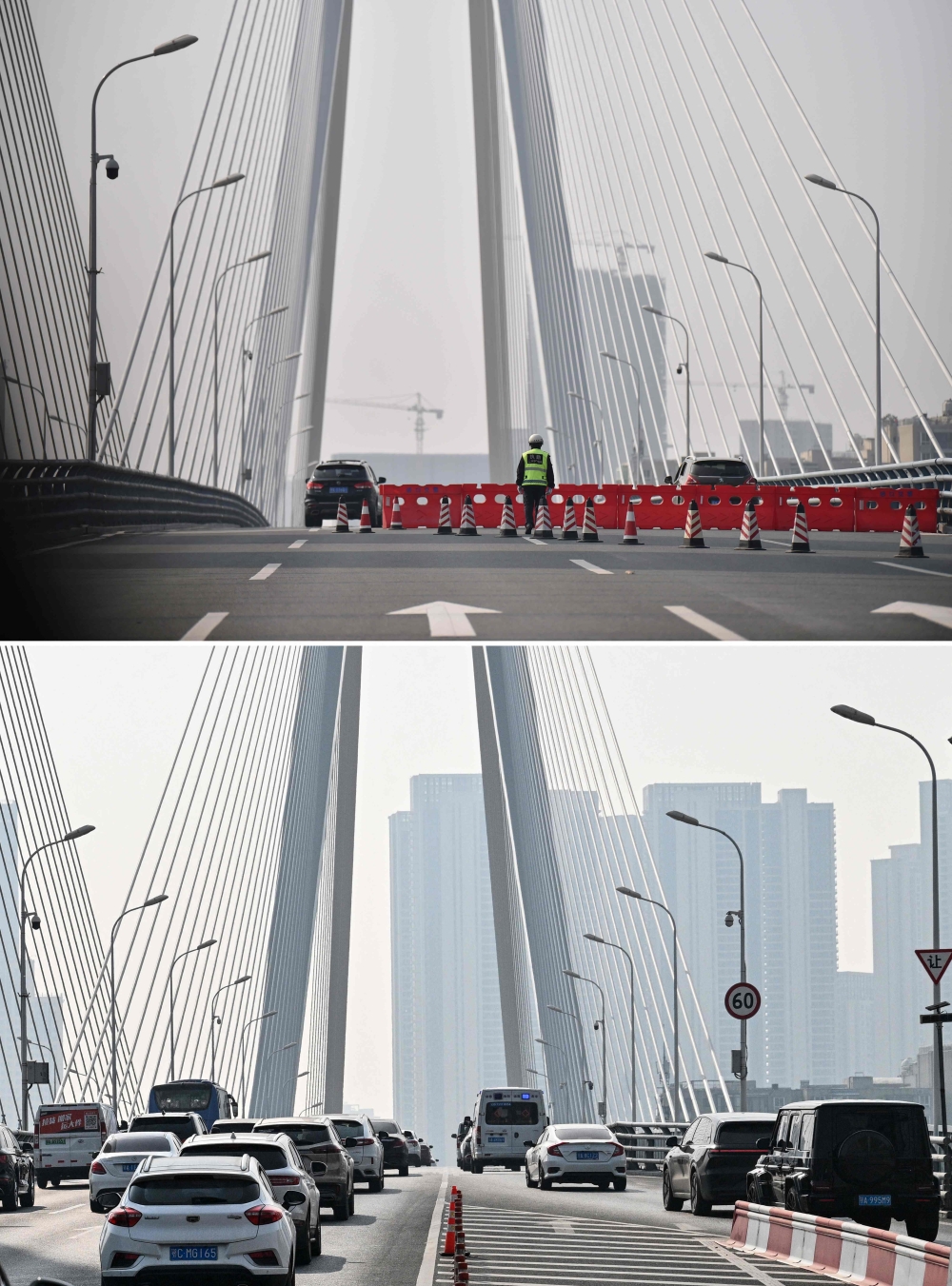 Combination photo shows a police officer manning a checkpoint blocking access across a bridge during the early days of the Covid-19 outbreak in Wuhan, China January 29, 2020 (top) and motorists crossing the same bridge over the Yangtze river on December 21, 2024, ahead of the fifth anniversary of China confirming its first death from the coronavirus. — AFP pic