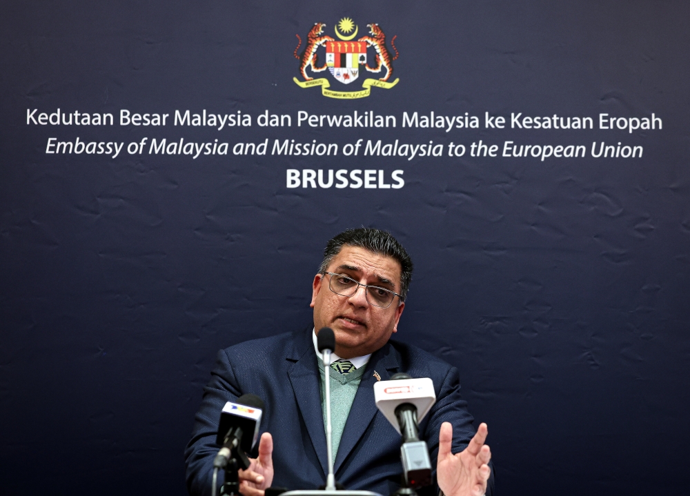 Malaysian Ambassador to Belgium, Luxembourg, and the European Union (EU), Datuk Mohd Khalid Abassi Abdul Razak, speaks during a press conference, ahead of Prime Minister Datuk Seri Anwar Ibrahim’s two-day visit to Belgium, in Brussels January 19, 2025. — Bernama pic