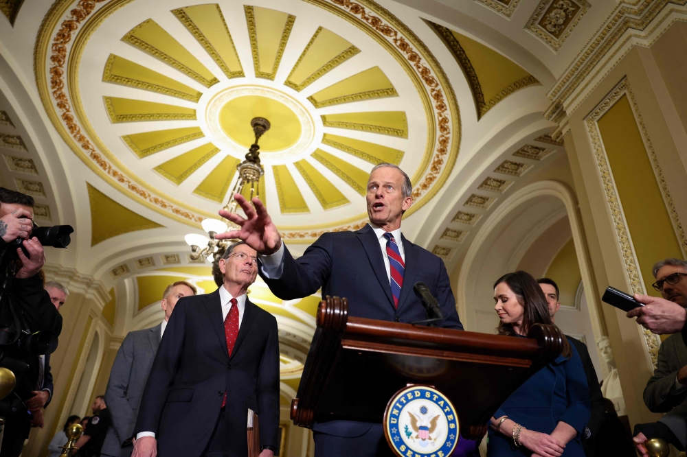 US Senate Majority Leader John Thune speaks to reporters about the Laken Riley Act following the weekly Senate Republican caucus policy luncheon at the US Capitol — Pic by AFP