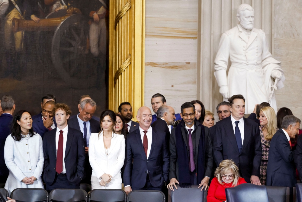 (Left to right) Priscilla Chan, Meta CEO Mark Zuckerberg, Lauren Sanchez, businessman Jeff Bezos, Sundar Pichai, and  Elon Musk attend Donald Trump’s inauguration at the United States Capitol in Washington, DC, US, on January 20, 2025. — Reuters pic