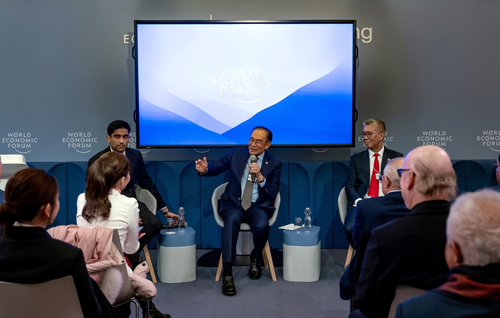 Prime Minister Datuk Seri Anwar Ibrahim spoke at the 'Country Strategy Dialogue' session during the World Economic Forum (WEF) Annual Meeting 2025, held here yesterday. — Bernama pic