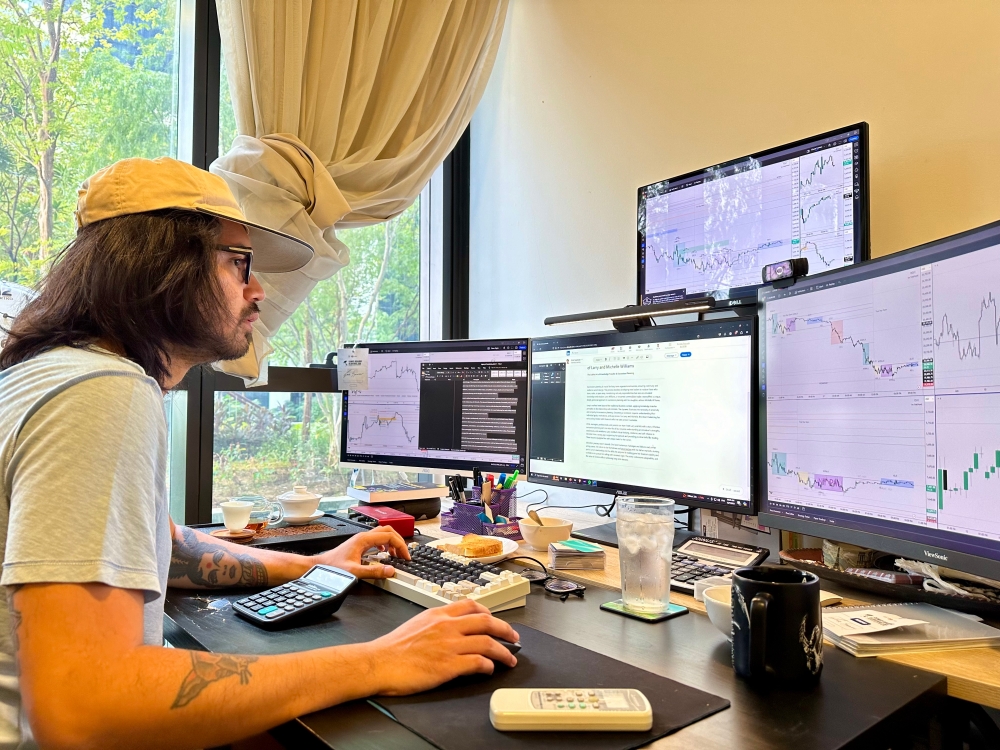 Commodities and index futures trader Mohammed Emir Syazwan journaling his progress while studying historical price action in his home office. — Picture courtesy of Mohammed Emir Syazwan 