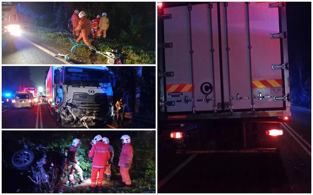 A father and his daughter were killed in an accident involving their Perodua Alza car and a 10-tonne lorry on the Kuala Krai-Gua Musang road today. — Picture courtesy of the Fire and Rescue Department 