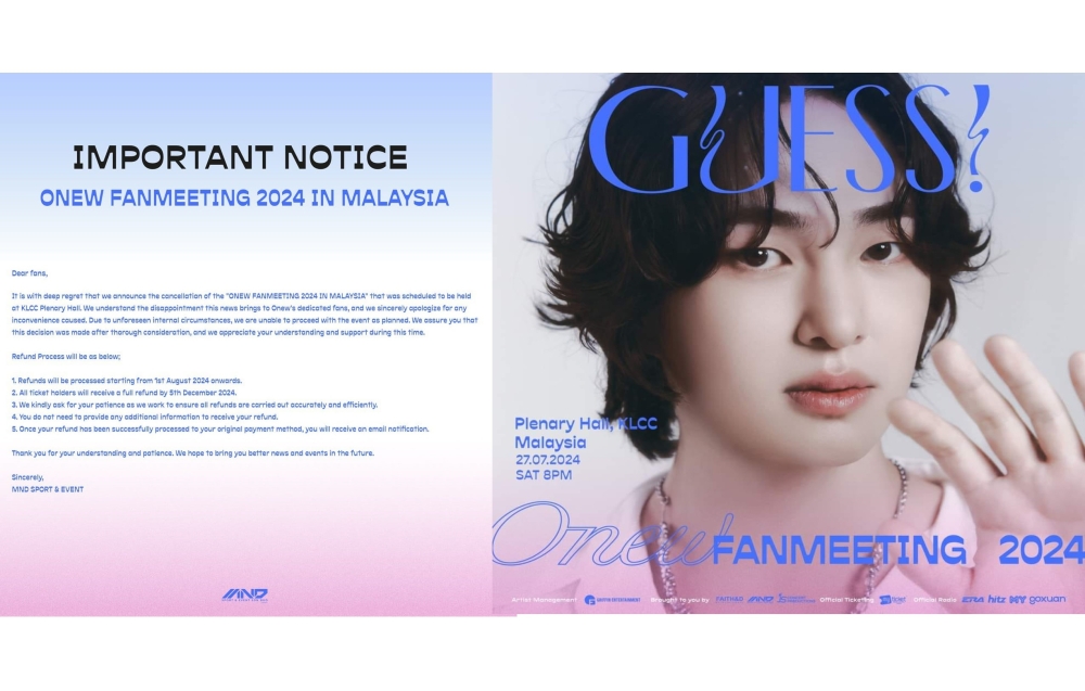 Fifty-five ticket buyers for the Guess Onew Fanmeeting 2024 concert have issued a demand notice to the organiser, MND Sport & Event, claiming they have failed to process ticket refunds after the show was cancelled. — Picture via Facebook