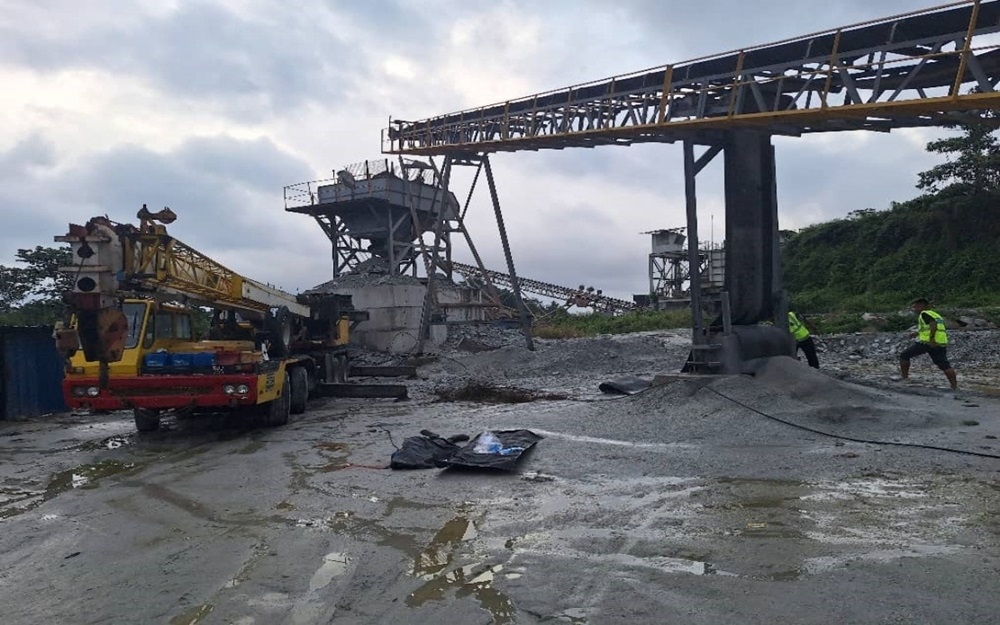 Police said an assistant mechanic was killed after being crushed by the rubber counterweight of a conveyor at a quarry in Mukim Jerus Selising, Pasir Puteh, yesterday. — Picture courtesy of Pasir Puteh IPD