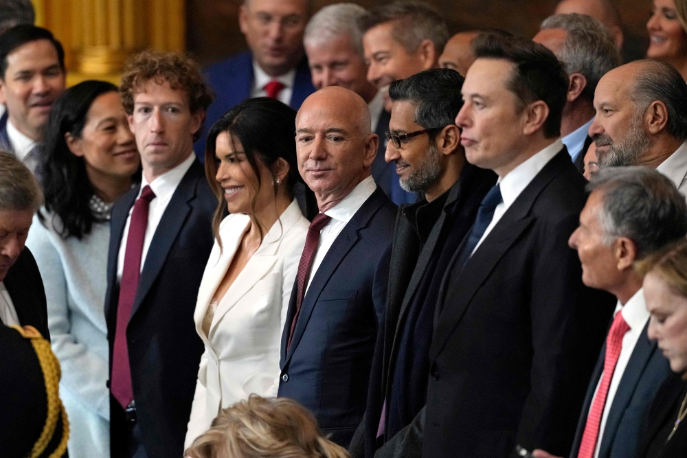 (Left to right) CEO of Meta Mark Zuckerberg, Lauren Sanchez, US businessman Jeff Bezos, CEO of Alphabet Inc and Google Sundar Pichai, and Teska and SpaceX CEO Elon Musk attend the inauguration ceremony of Donald Trump as the 47th US President in Washington, DC, on January 20, 2025. — AFP picc