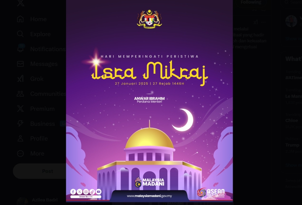 Prime Minister Datuk Seri Anwar Ibrahim stated that the spiritual journey granted to the Prophet Muhammad carried with it the responsibility of prayer, leaving a significant impact on the inner strength and spirit of the Muslim community. — Picture from X/Anwar Ibrahim 