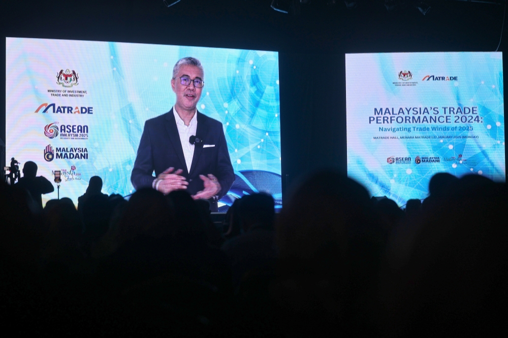 Investment, Trade and Industry Minister Tengku Datuk Seri Zafrul Tengku Abdul Aziz delivered his speech via a recorded video at the Malaysia Trade Performance 2024 event held at the MATRADE Hall today. — Bernama pic