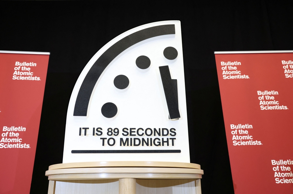 The Doomsday Clock is seen during a news conference after The Bulletin of the Atomic Scientists announced the location of the clock’s minute hand, indicating what world developments mean for the perceived likelihood of nuclear catastrophe, at the US Institute of Peace in Washington, January 28, 2025. — Reuters pic